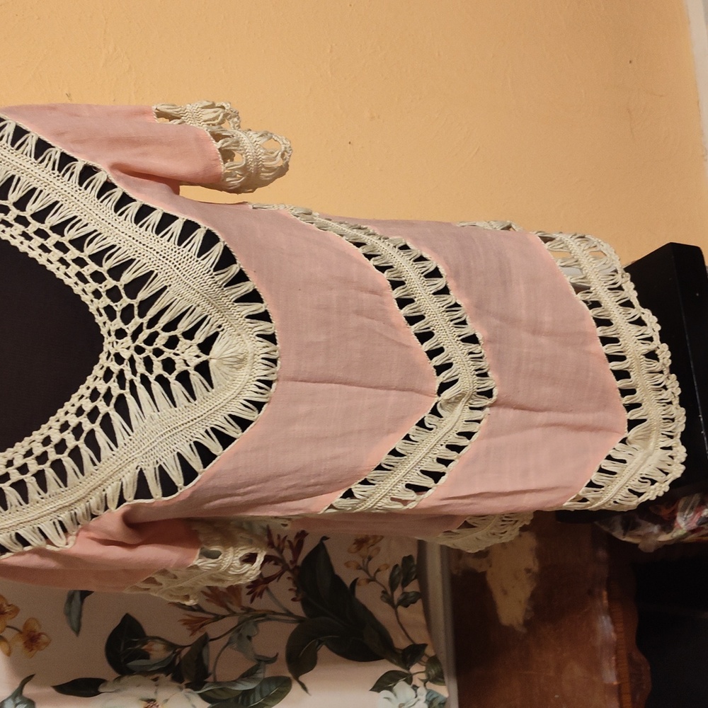Cloud chaser, peach and cream colored woven detailed lace,vee neck and bottom.